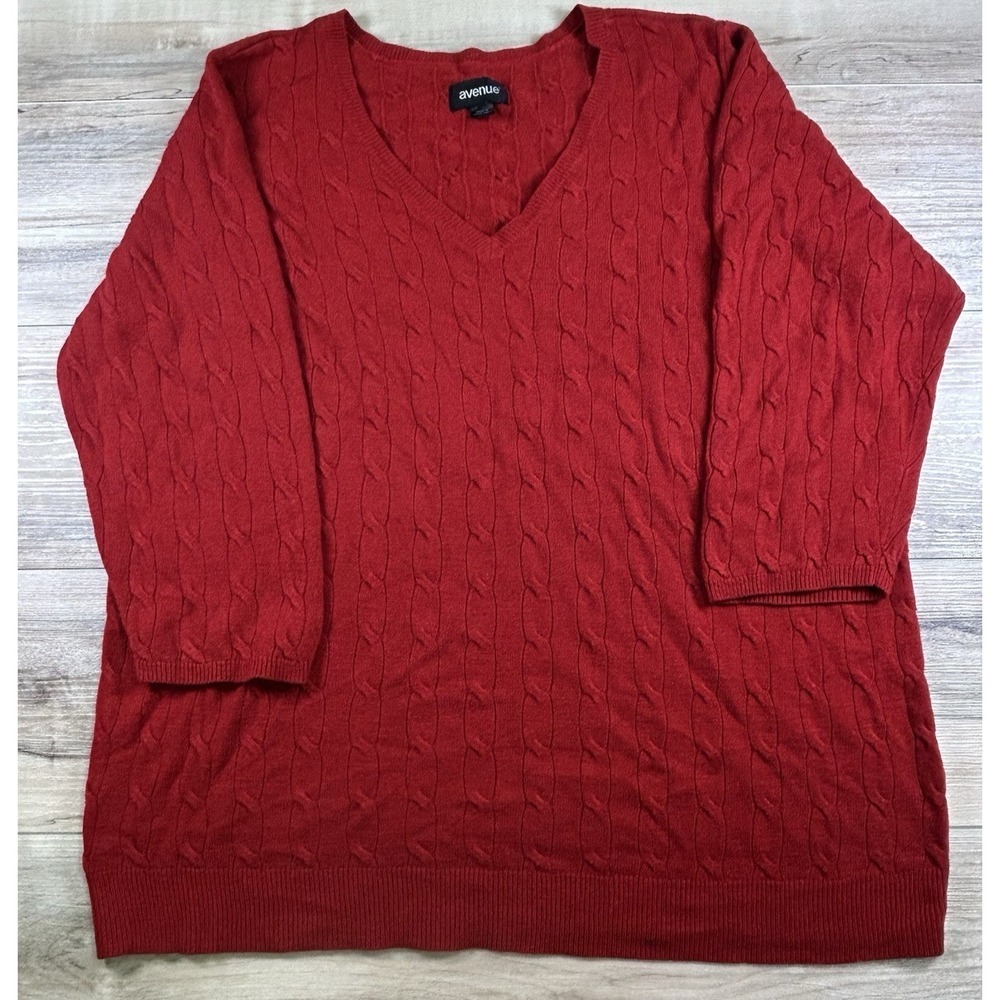 Avenue Womens Red Cable Knit V-Neck Long Sleeve Sweater Plus Size 18 20